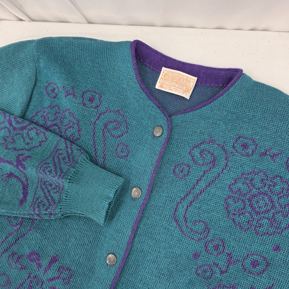 Vintage Pendleton 100% Virgin Wool Cardigan Blue Teal Purple Women's Med USA.‎